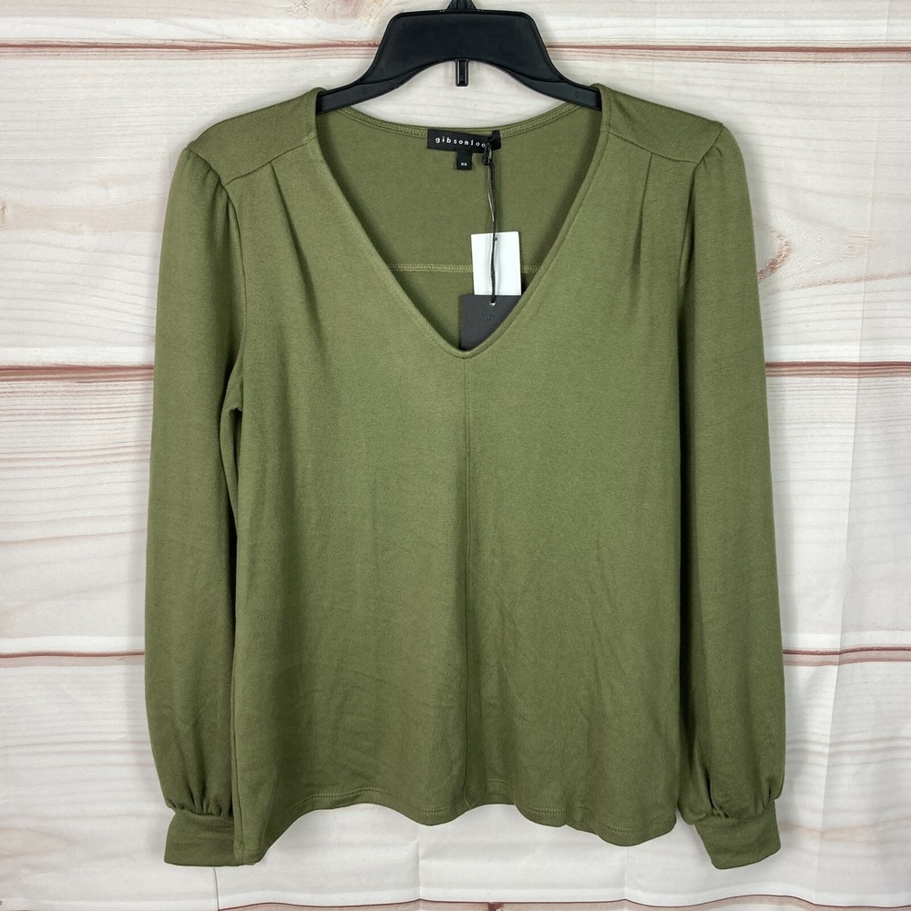 Gibsonlook Look Top Womens XS Green V-Neck Puff Sleeve Pullover Solid Knit